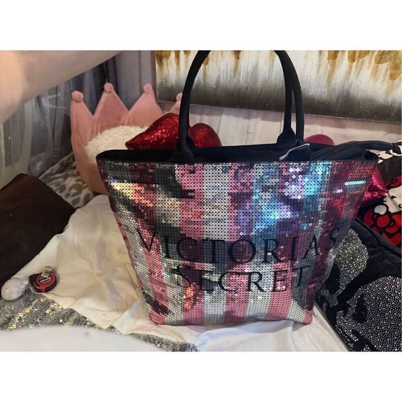 Victorias secret/Vs shopper tote beach bag black/pink signature stripe sequin - Picture 1 of 5